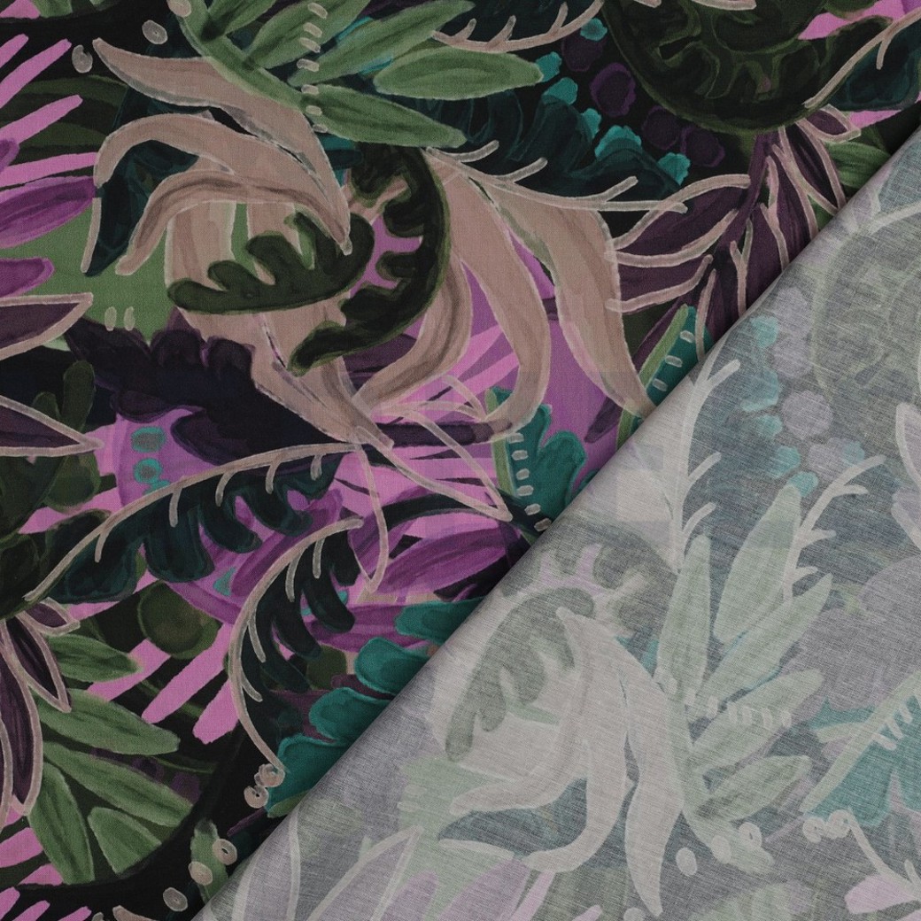 COTTON VISCOSE DIGITAL LEAVES PURPLE/ GREEN #4