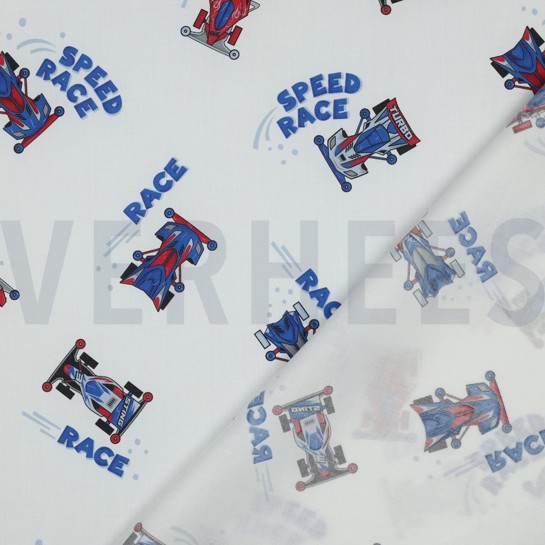 FINE POPLIN DIGITAL RACE CARS WHITE #7