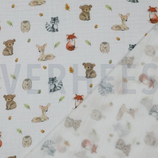DOUBLE GAUZE DIGITAL FOREST ANIMALS WHITE #7