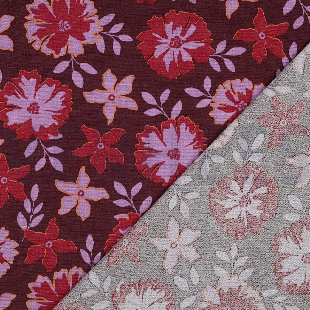 LINEN VISCOSE FLOWERS BORDEAUX #4