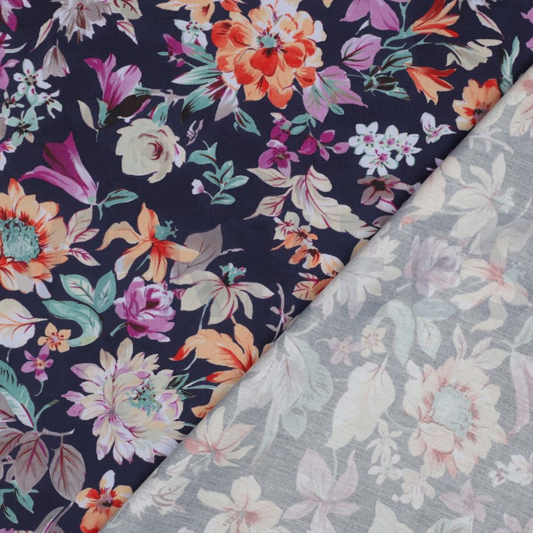 COTTON VISCOSE DIGITAL FLOWERS NAVY #4