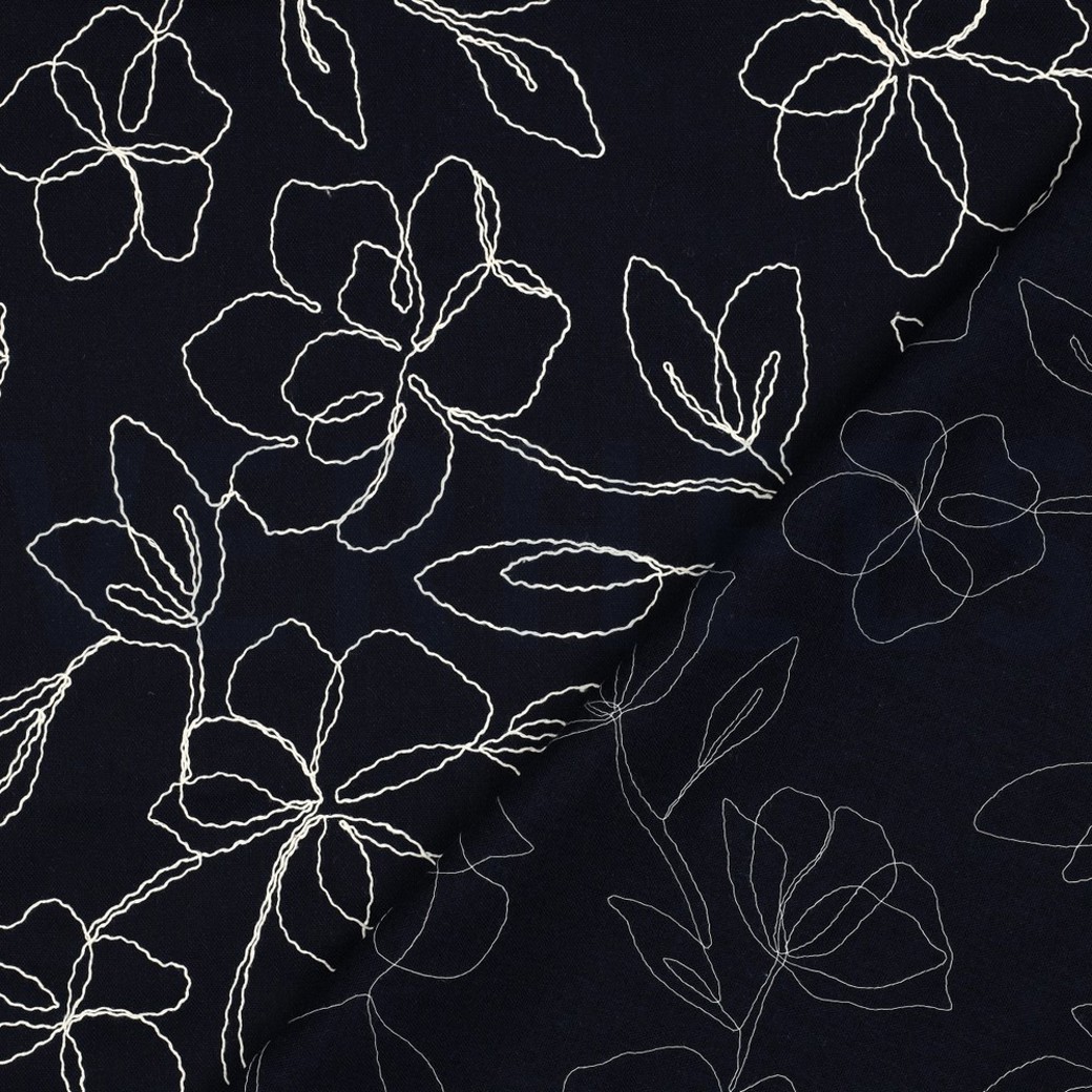 LINEN VISCOSE EMBROIDERY FLOWERS NAVY #4