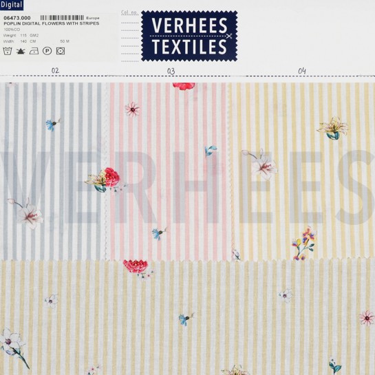 BAUMWOLLE POPELINE DIGITAL BLUMEN MIT STREIFEN HELLGELB #7