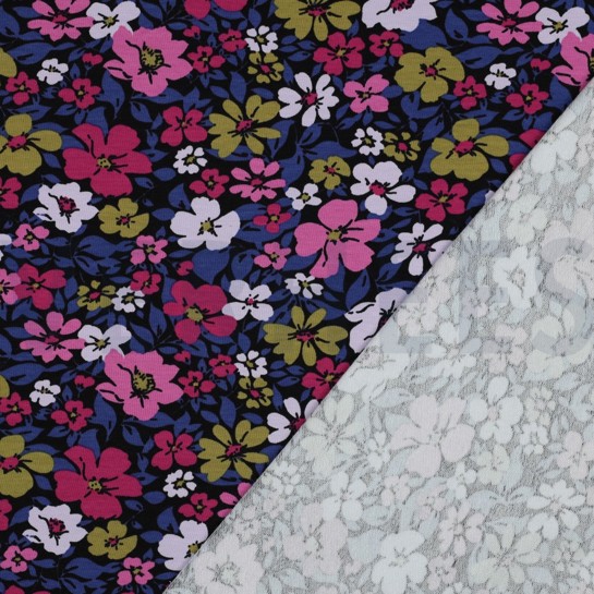 FRENCH TERRY FLOWERS BLACK/ BLUE #7