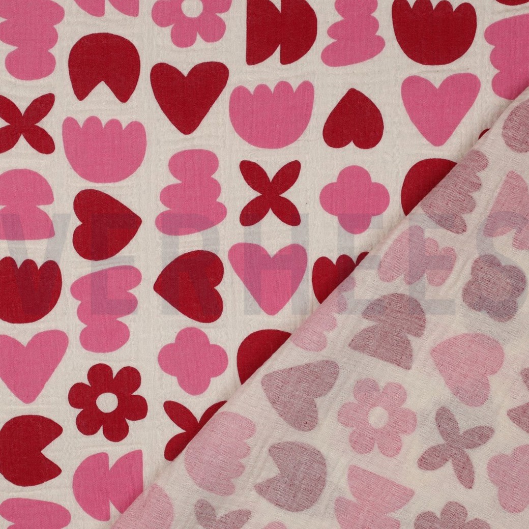 DOUBLE GAUZE GOTS NATURAL LOVE SHAPES NATURAL/ FUCHSIA #4