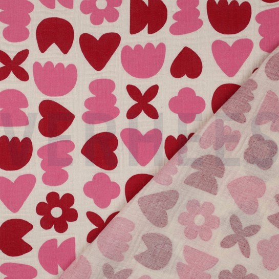 DOUBLE GAUZE GOTS NATURAL LOVE SHAPES NATURAL / FUCHSIA #7