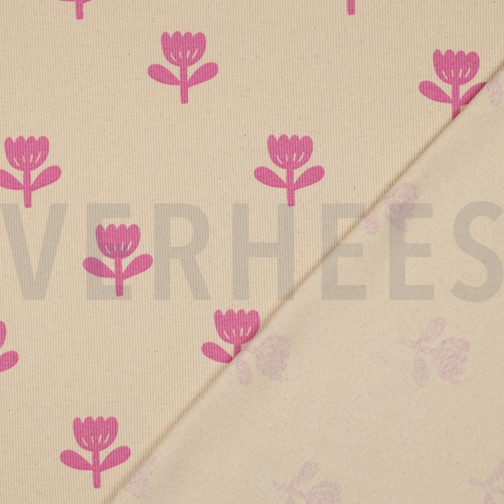 RIB JERSEY GOTS NATURAL FLOWERS NATURAL/ FUCHSIA #4