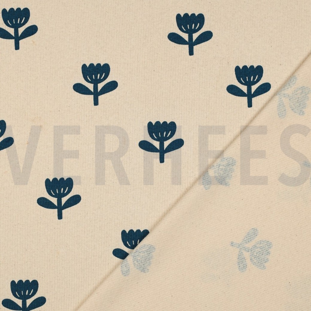 RIB JERSEY GOTS NATURAL FLOWERS NATURAL/ PETROL #4