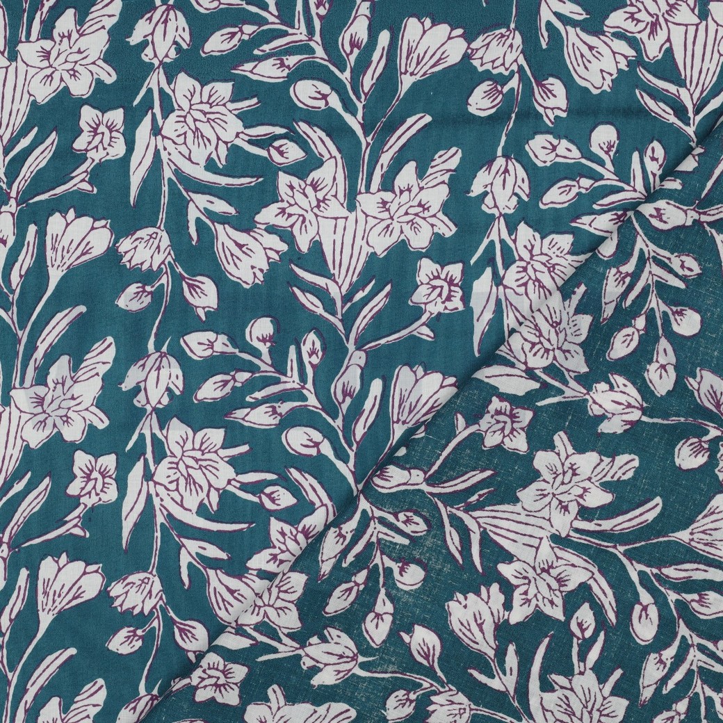 HANDCRAFTED BLOCK-PRINTED COTTON FLOWERS PETROL #4