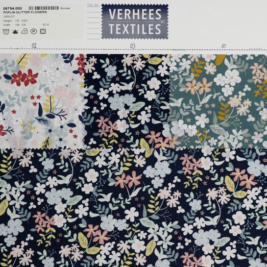 BAUMWOLLE POPELINE GLITZER BLUMEN WEISS #7