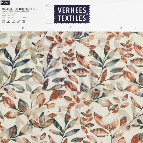 LIN JERSEY DIGITAL FEUILLES VERT VIEILLI / OCRE #7