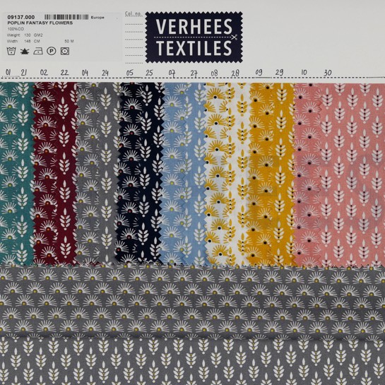 KATOENEN POPLIN FANTASIEBLOEMEN STEENGRIJS #7