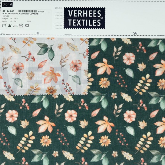 KATOENEN POPLIN DIGITAAL HERFSTBLOEMEN WIT #7