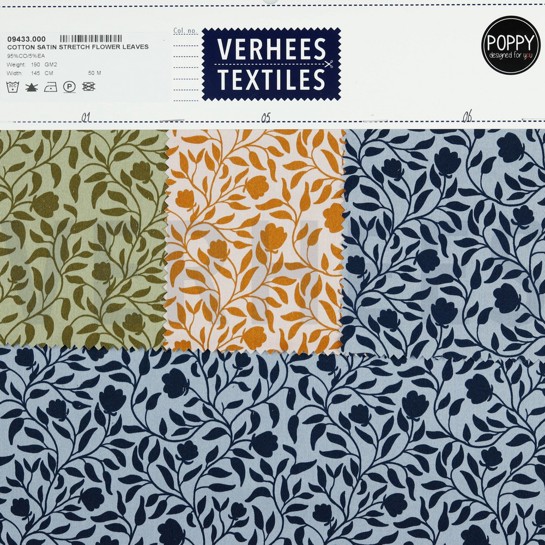 KATOEN SATIJN STRETCH BLOEMEN EN BLADEREN MOSGROEN #7