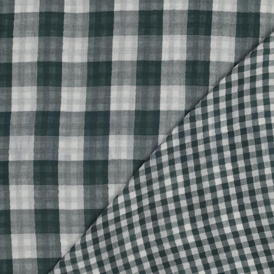 DOUBLE GAZE DE COTON DOUBLE FACE CARREAUX CYAN #7