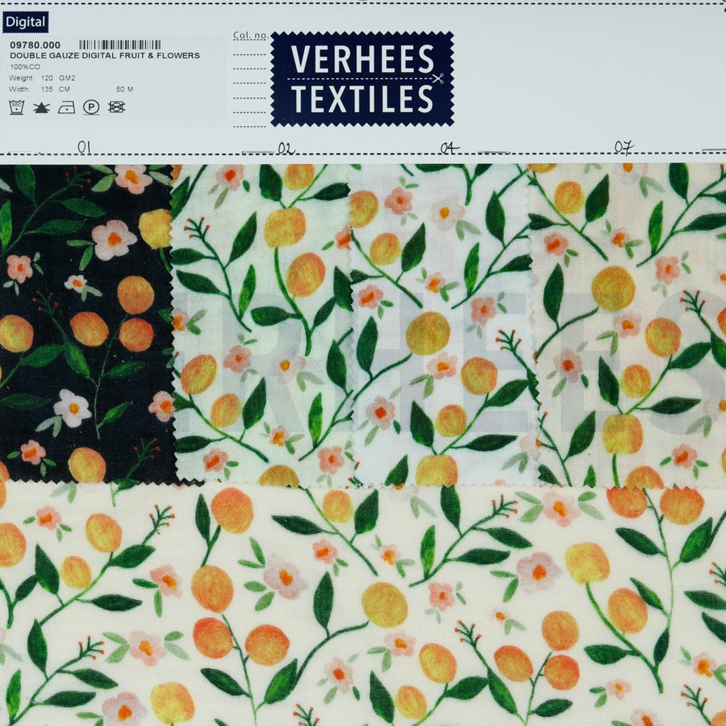 DOUBLE GAUZE DIGITAL FRUIT & FLOWERS SOFT GREEN #4