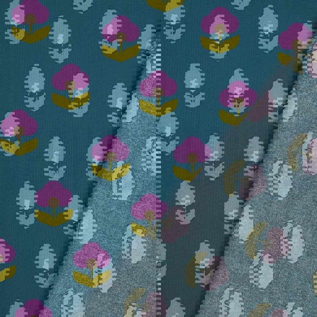 COATED COTTON RETRO FLOWERS PETROL #4