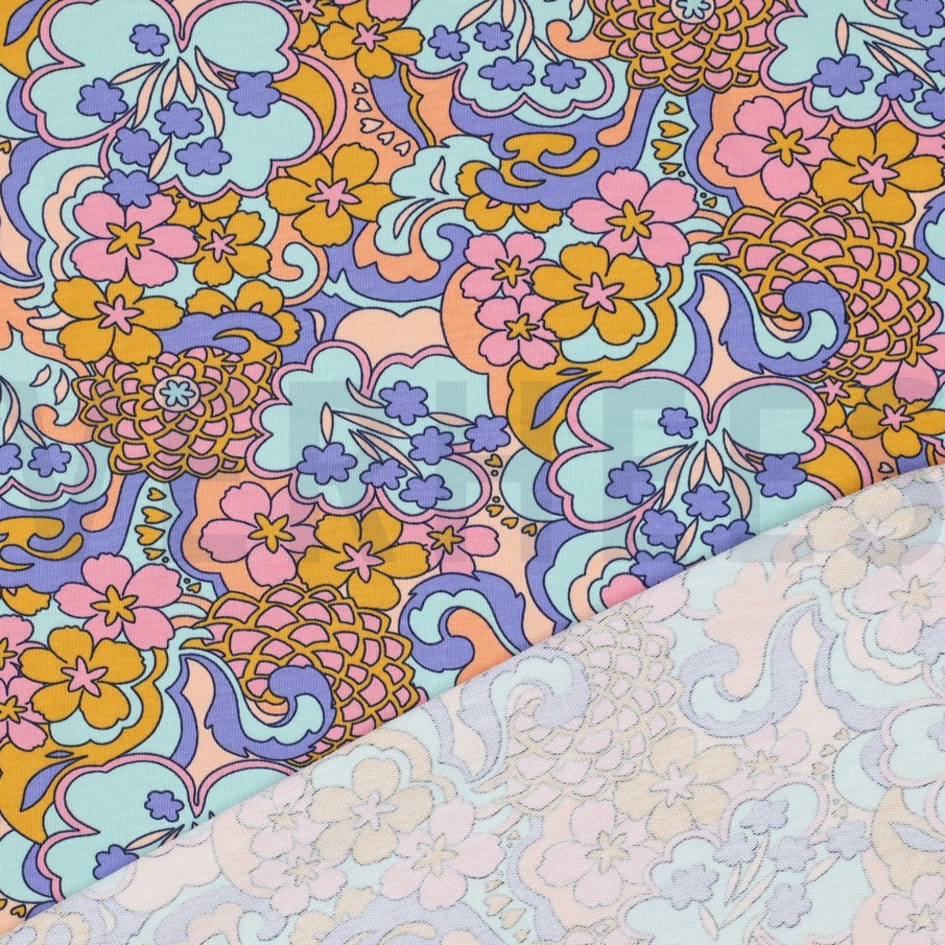 FRENCH TERRY ABSTRACT FLOWERS BLUE #5