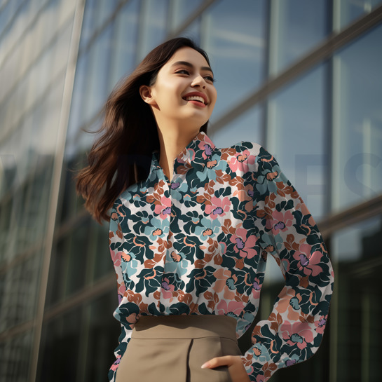 KATOEN SATIJN ABSTRACTE BLOEMEN DONKERBLAUW / ROZE #7