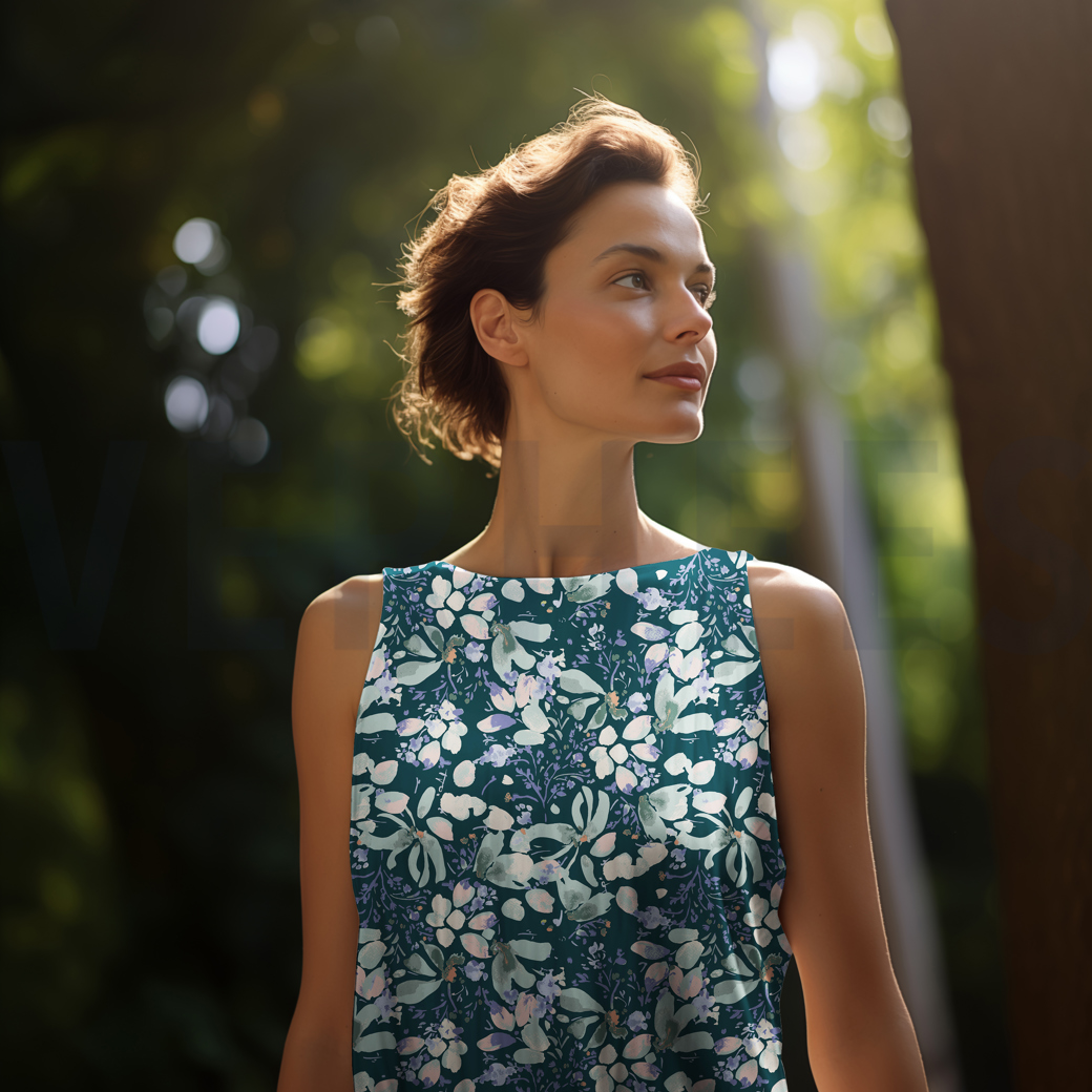 VISCOSE POPLIN STRETCH DIGITAL FLOWERS PETROL #6