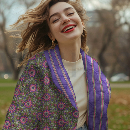 COTTON VOILE STEPPED FLOWERS CARAMEL/ COBALT #7