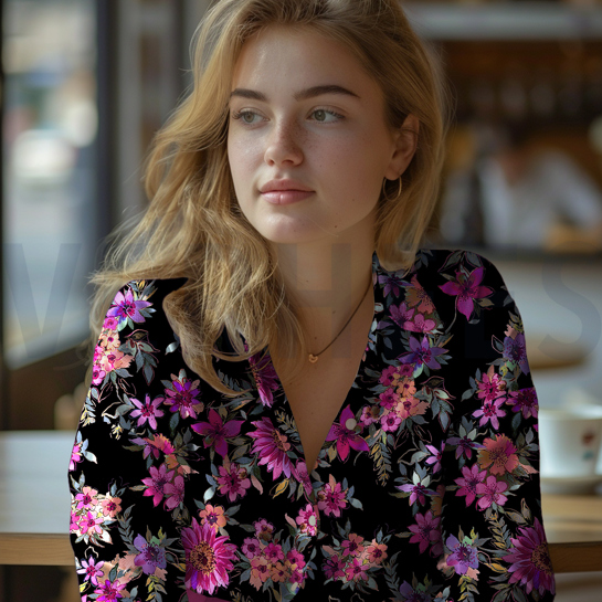 KATOEN SATIJN DIGITAAL BLOEMEN ZWART #7