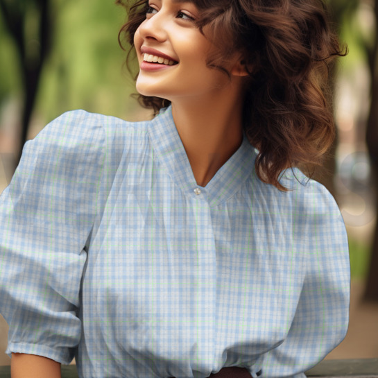 KATOEN SEERSUCKER NEON RUITEN LICHTBLAUW #7