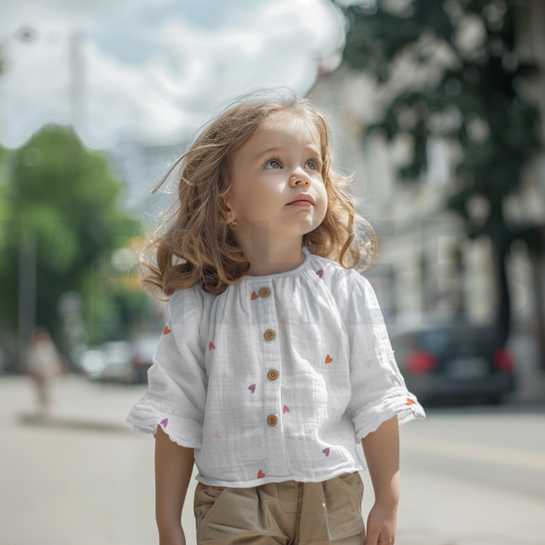 DOUBLE GAUZE EMBROIDERY HEARTS PINK / ORANGE #7