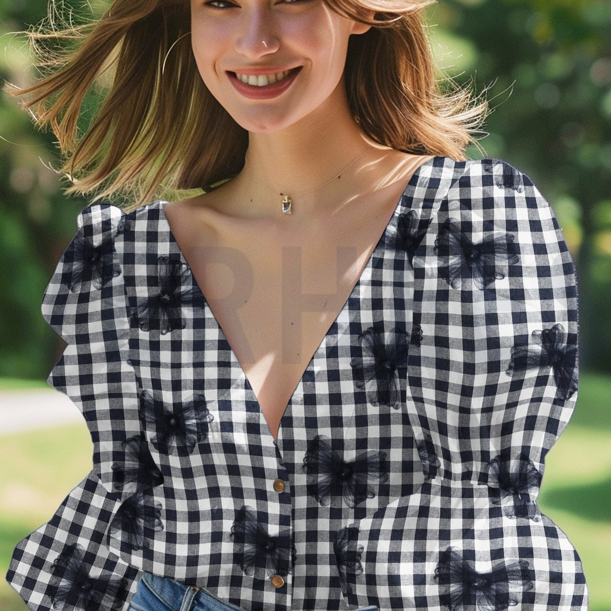 COTTON YARN DYED CHECKS TULE FLOWERS NAVY (high resolution) #7