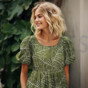 LINEN VISCOSE EMBROIDERY LEAVES FOREST GREEN (thumbnail) #7