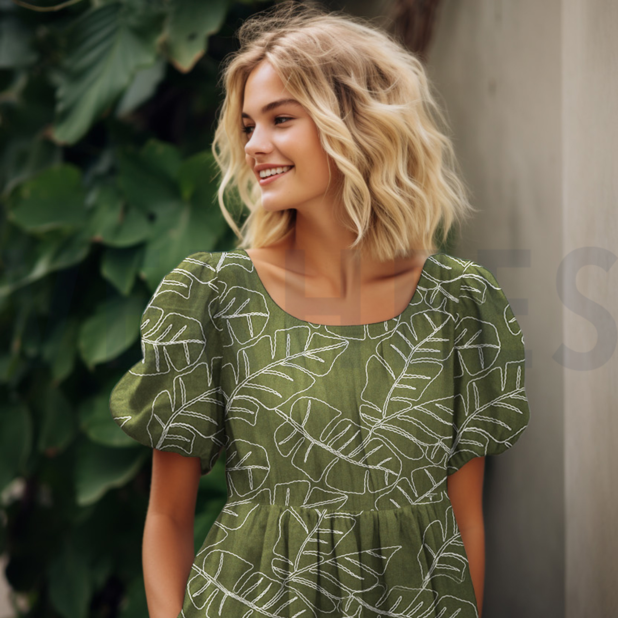 LINEN VISCOSE EMBROIDERY LEAVES FOREST GREEN (high resolution) #7