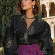 LINEN VISCOSE EMBROIDERY FLOWERS BLACK (thumbnail) #7
