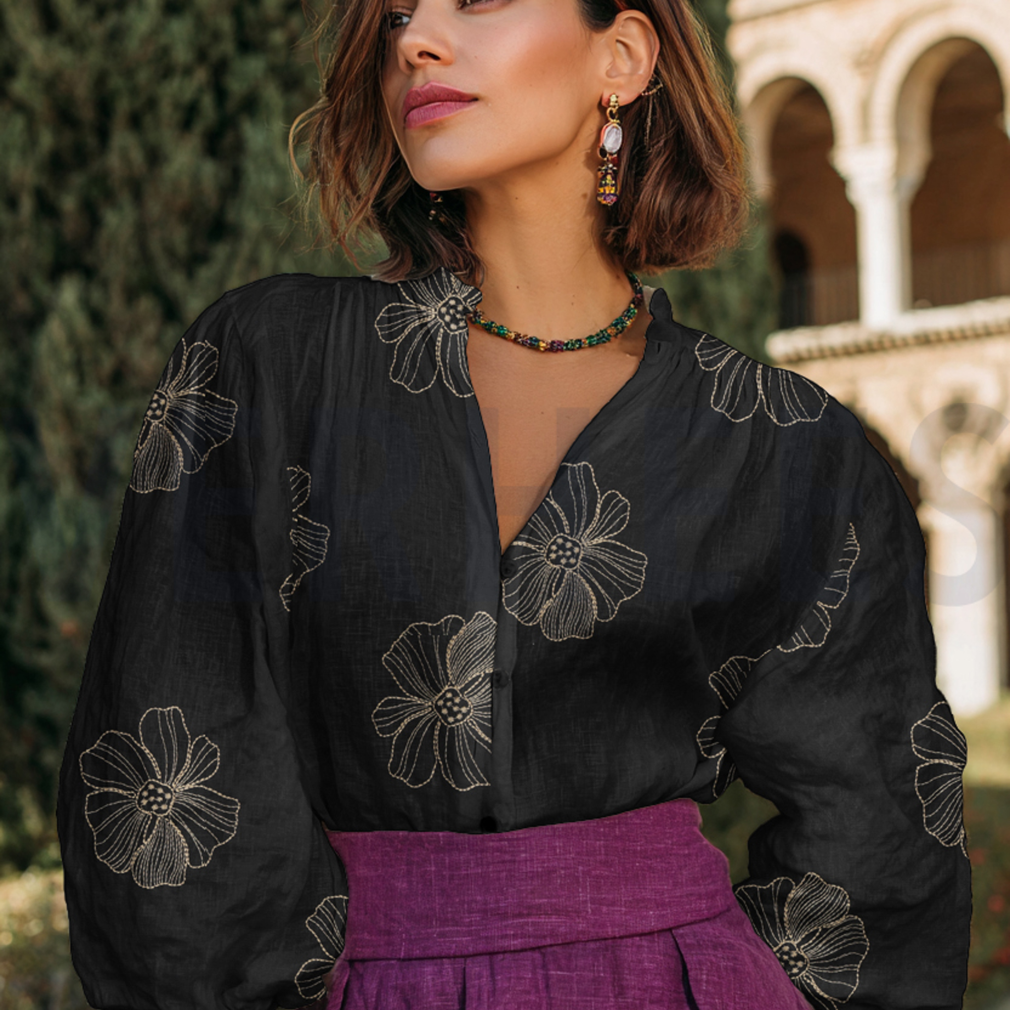 LINEN VISCOSE EMBROIDERY FLOWERS BLACK (high resolution) #7