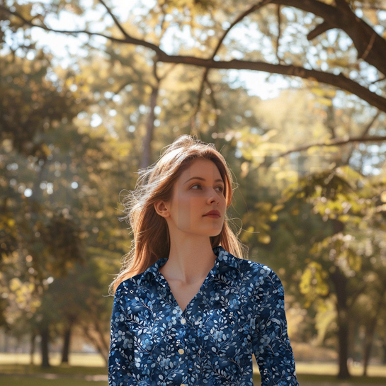 KATOENEN POPLIN DIGITAAL BLADEREN KOBALTBLAUW #7