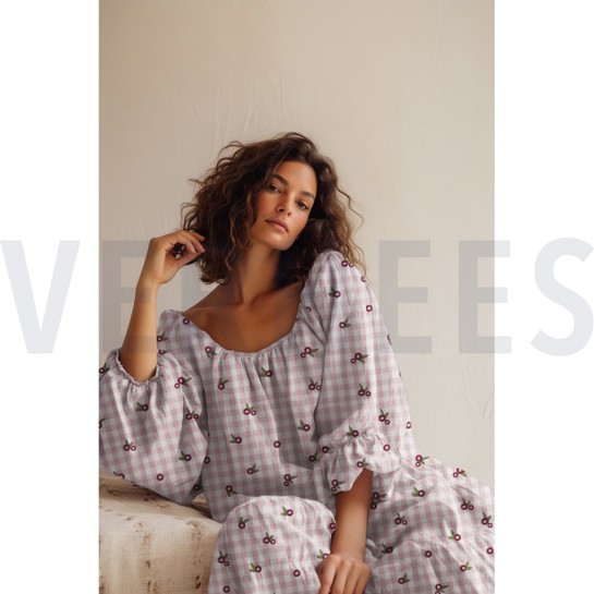 DOUBLE GAUZE CHECKS EMBROIDERY FLOWERS MAUVE #7