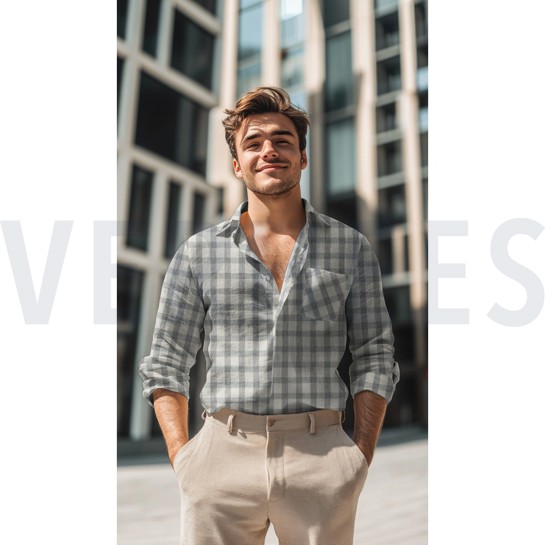 DOUBLE GAUZE LINEN YARN DYED CHECKS LIGHT BLUE / NATURAL #7