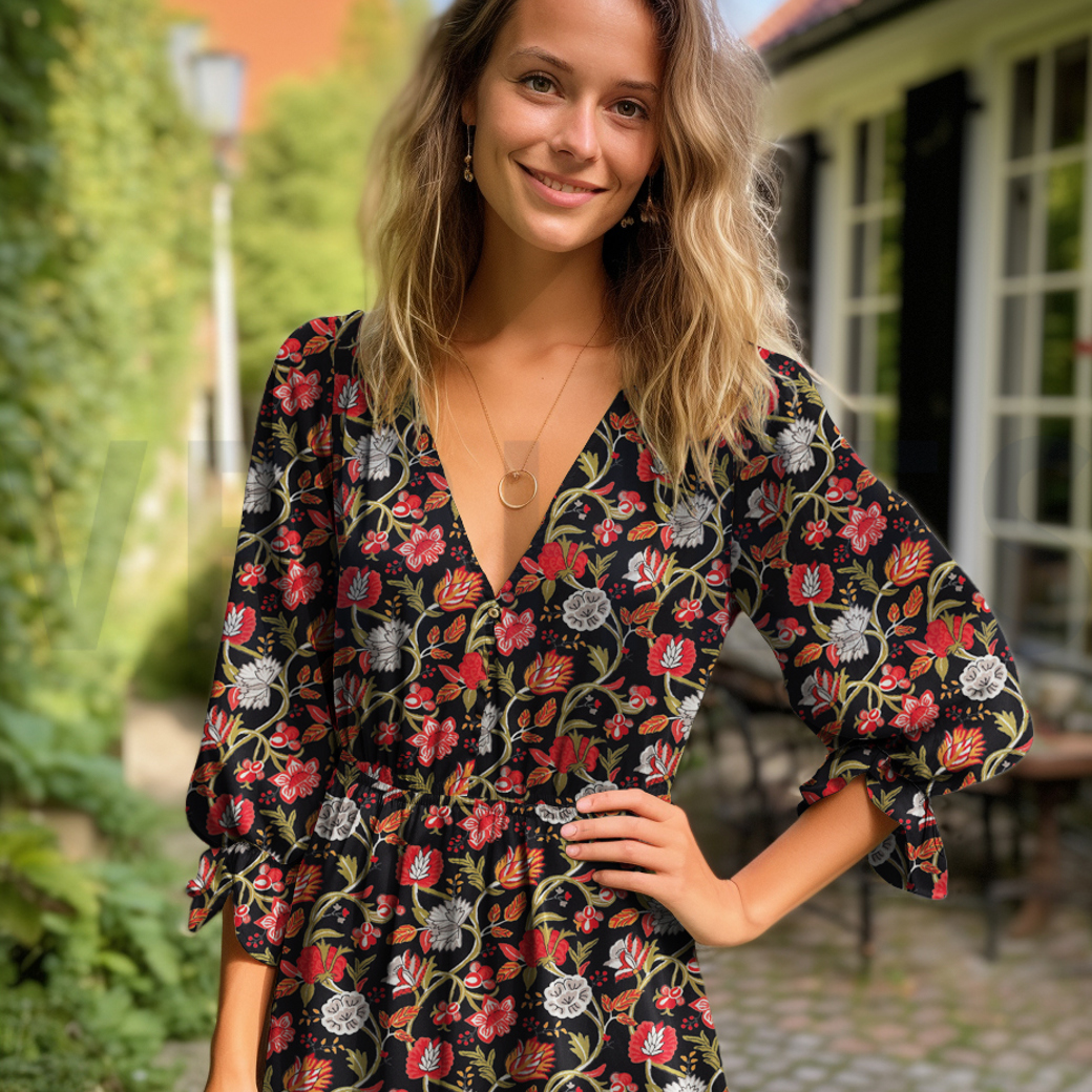 VISCOSE STRETCH DIGITAL FLOWERS BLACK #7