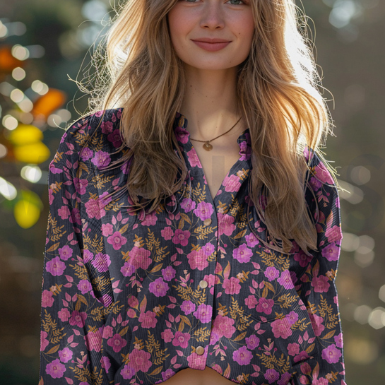 FEINCORD DIGITAL BLUMEN MARINEBLAU #7