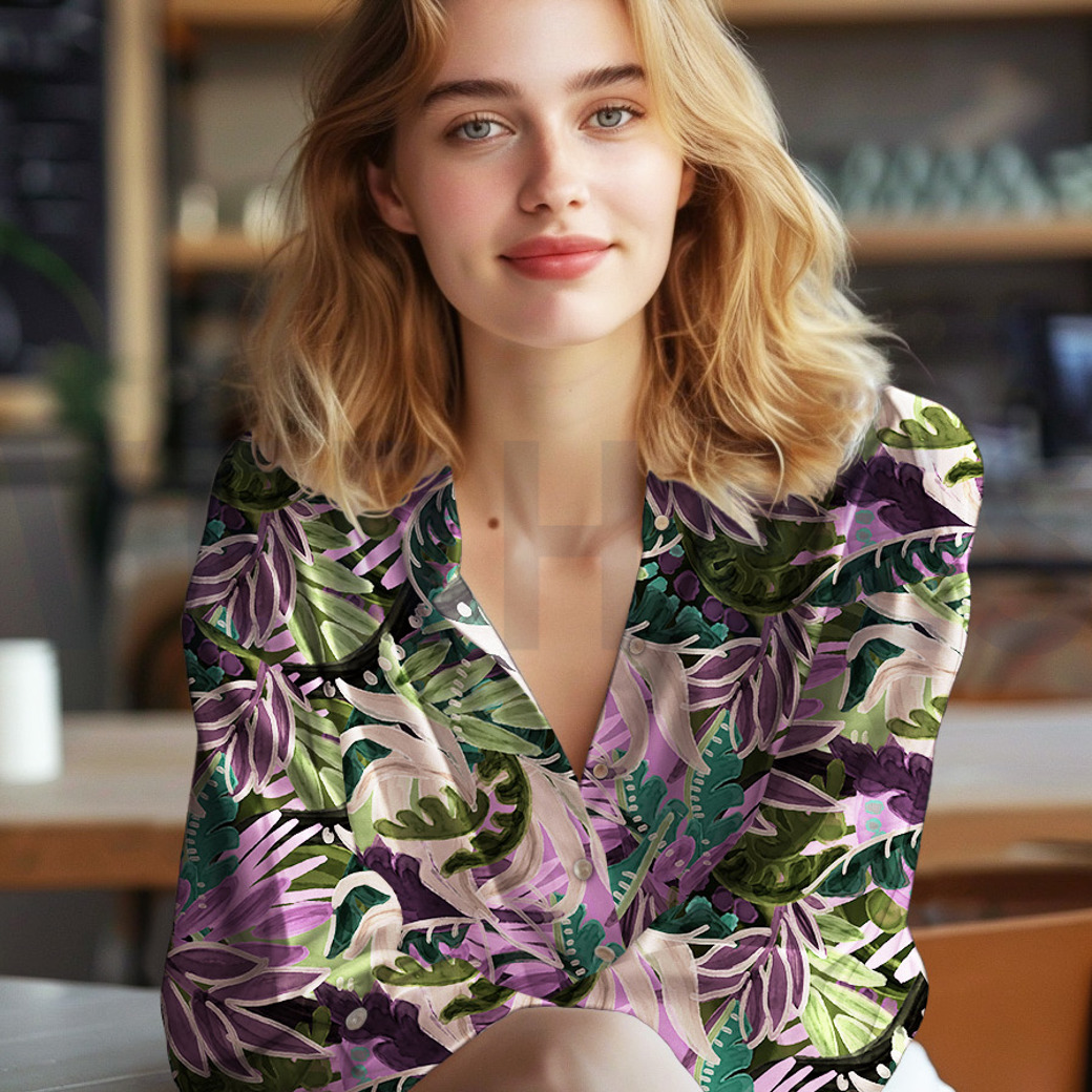 COTTON VISCOSE DIGITAL LEAVES PURPLE/ GREEN #7