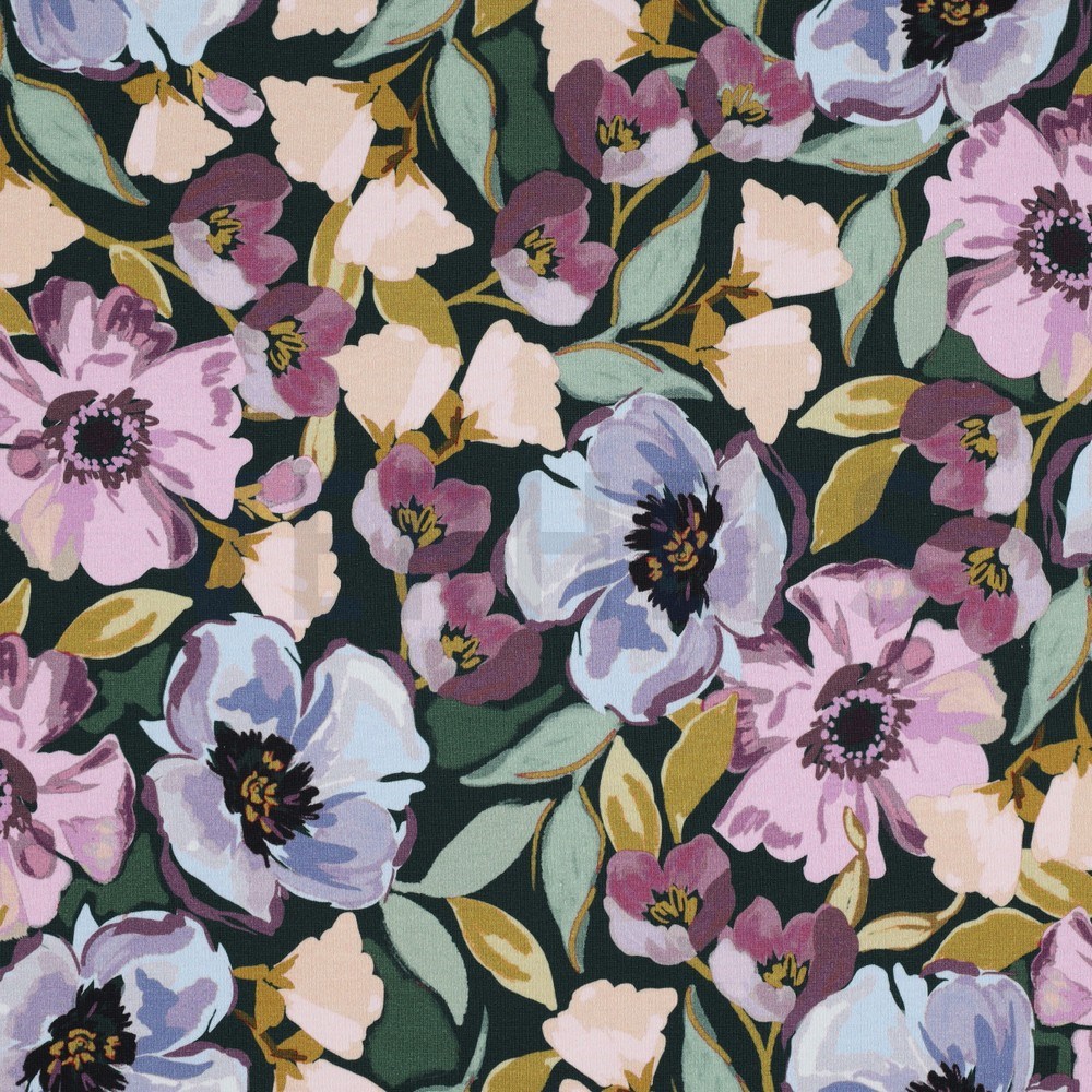 FRENCH TERRY DIGITAL FLOWERS DARK GREEN (hover)