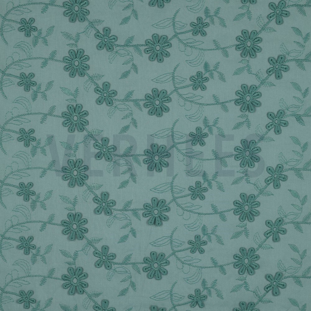 COTTON VOILE EMBROIDERY FLOWERS OLD GREEN