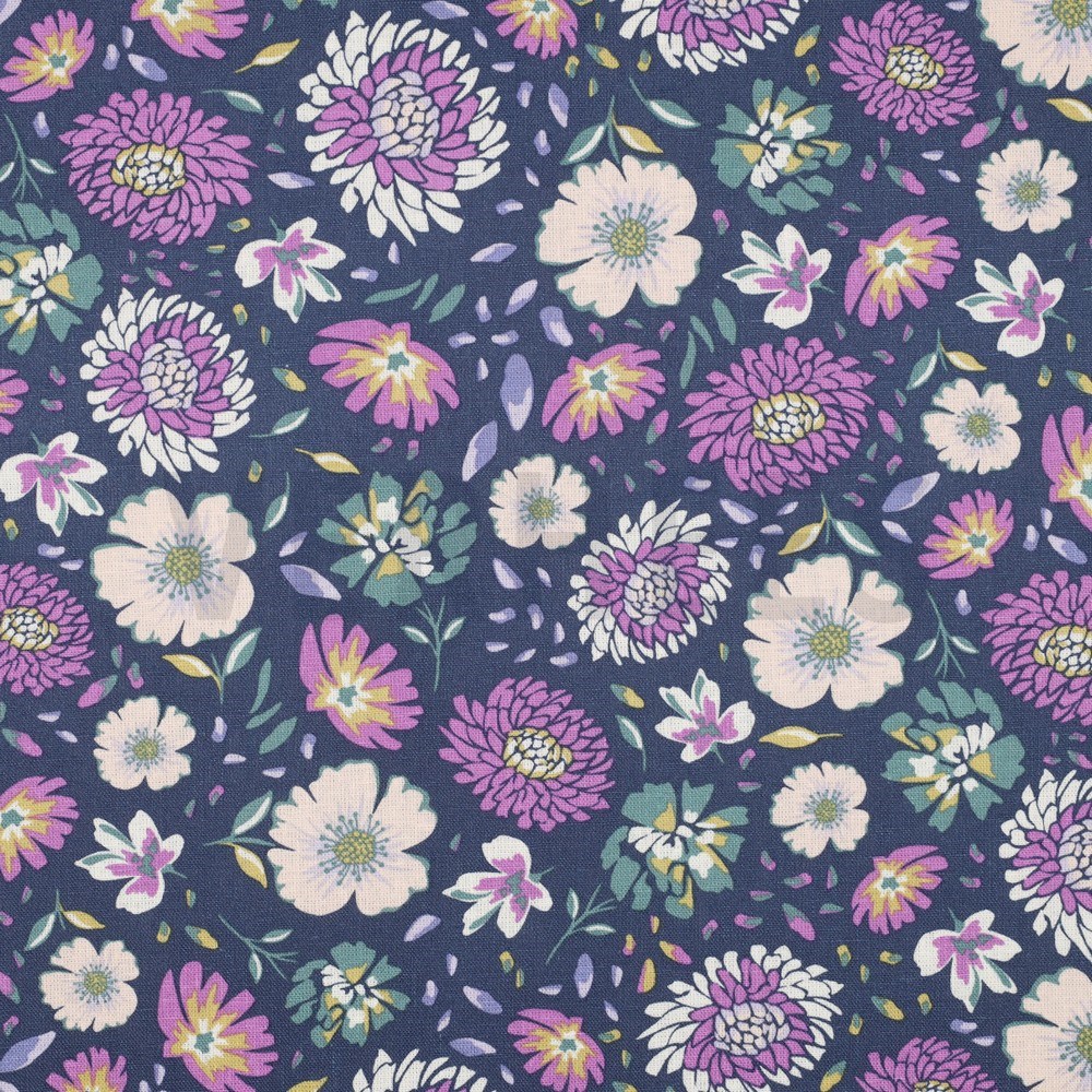 LINEN VISCOSE WASHED FLOWERS MARINE (hover)