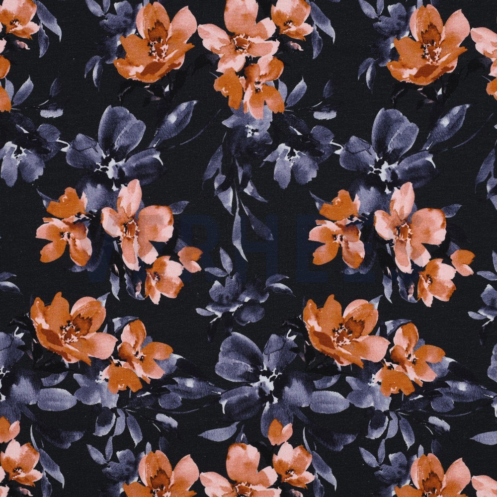 FRENCH TERRY DIGITAL FLOWERS NAVY (hover)