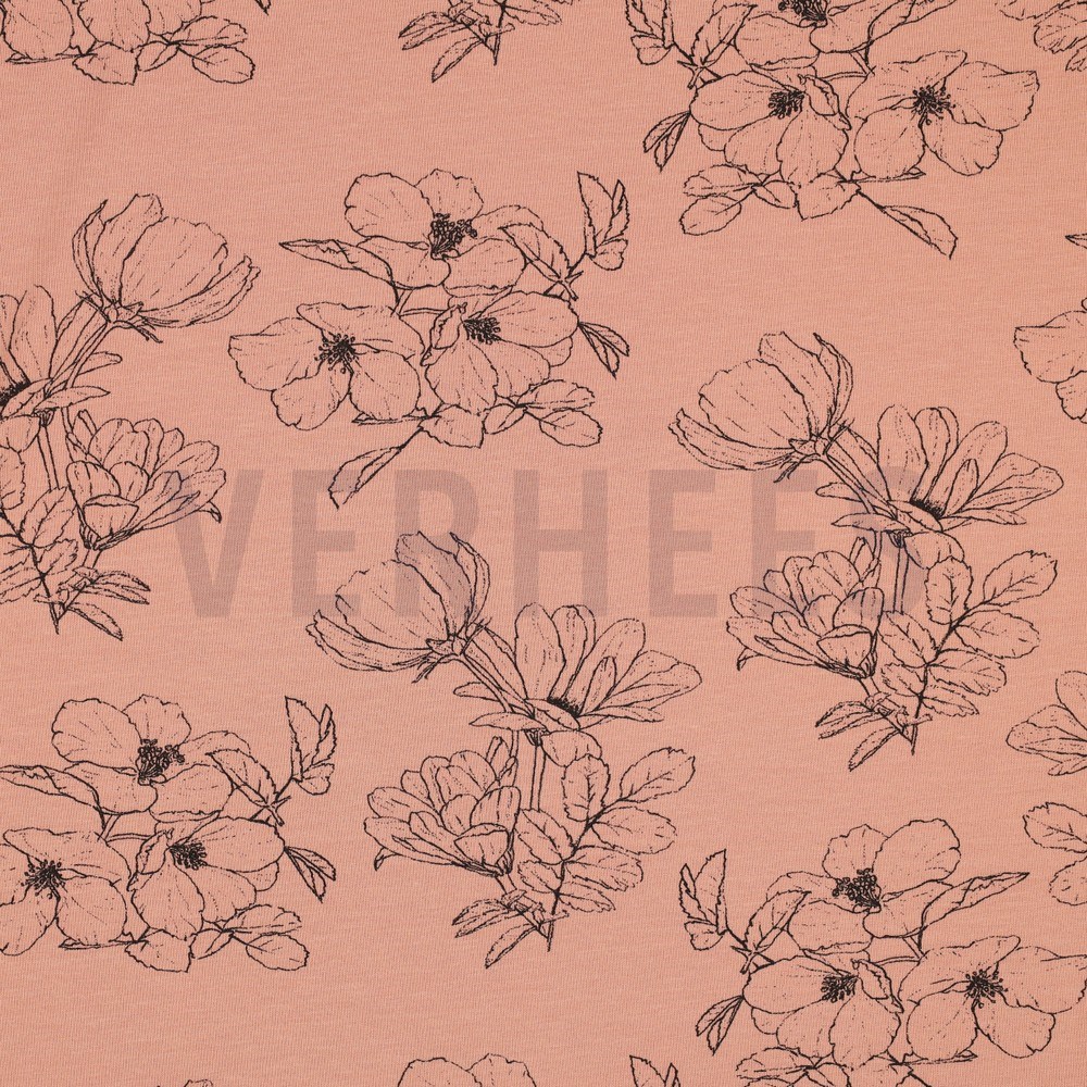 BAMBOO COTTON JERSEY FLOWERS PEACH (hover)