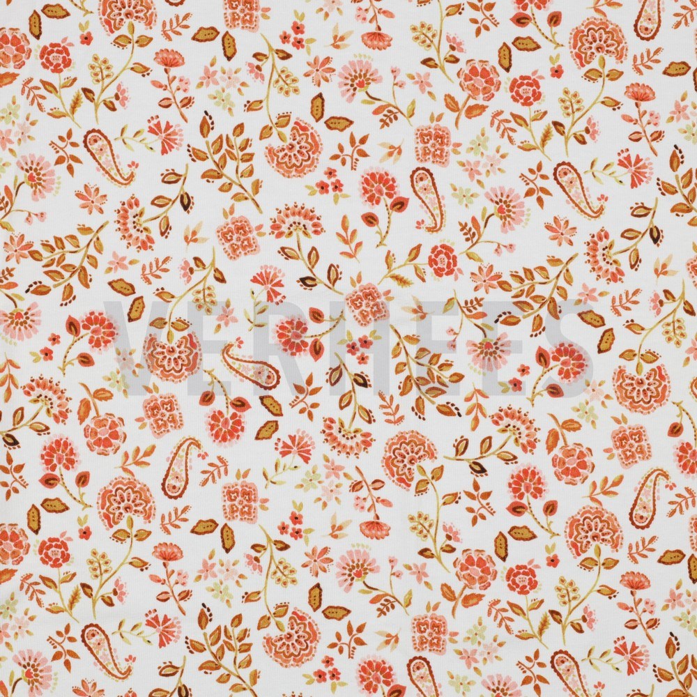 JERSEY DIGITAL PAISLEY FLOWERS WHITE PEACH (hover)
