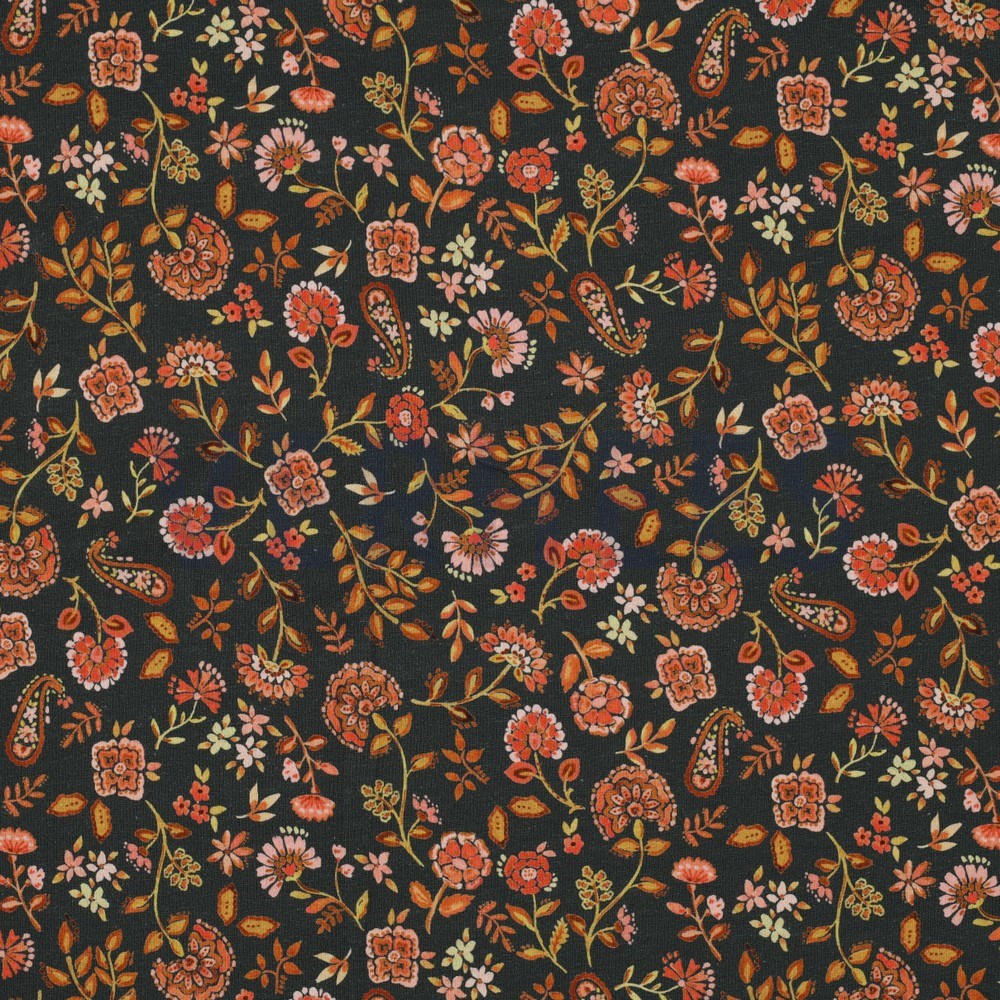JERSEY DIGITAL PAISLEY FLOWERS ARMY GREEN (hover)