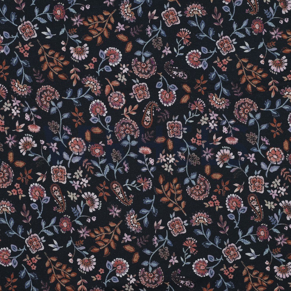 JERSEY DIGITAL PAISLEY FLOWERS NAVY (hover)