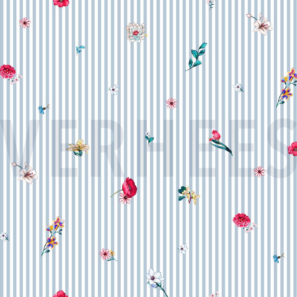 POPLIN DIGITAL FLOWERS WITH STRIPES BABY BLUE