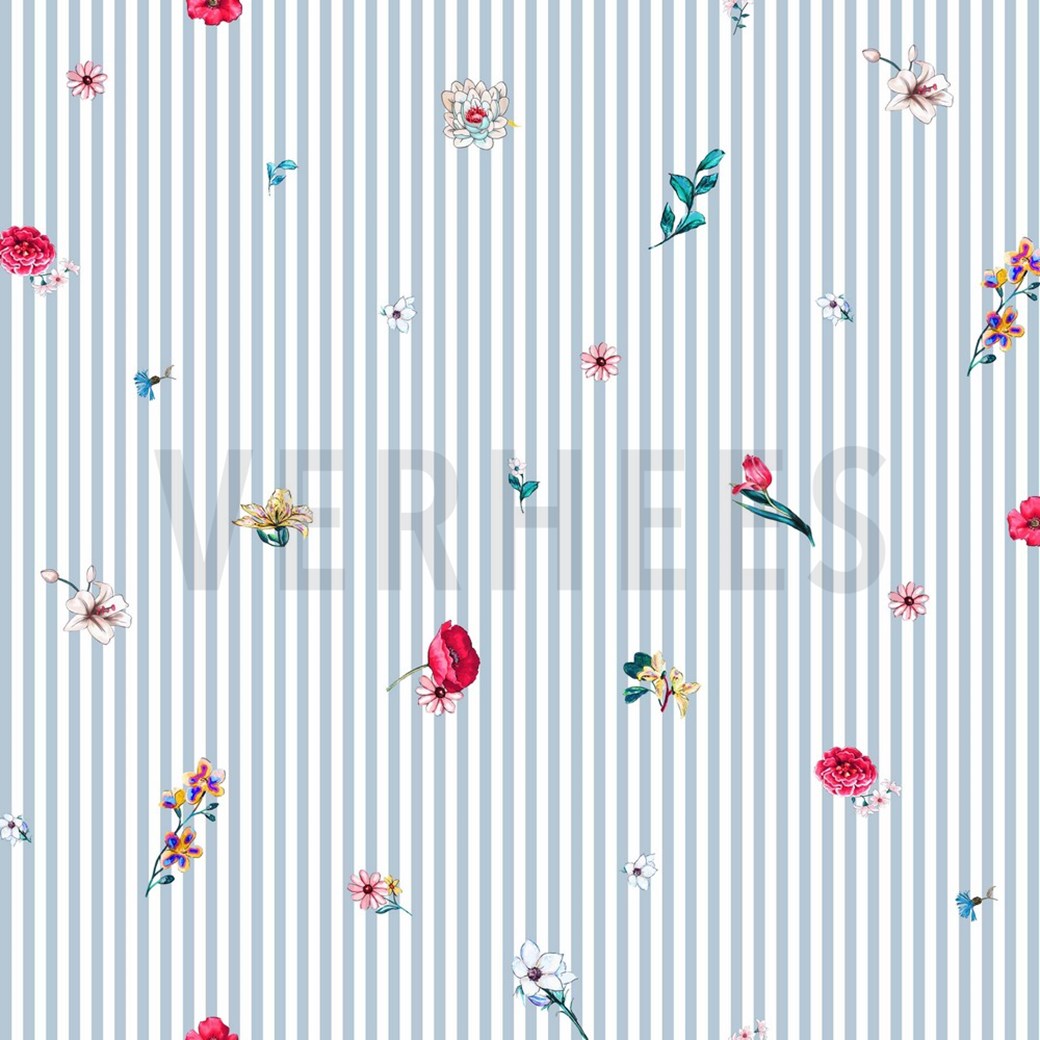 POPLIN DIGITAL FLOWERS WITH STRIPES BABY BLUE