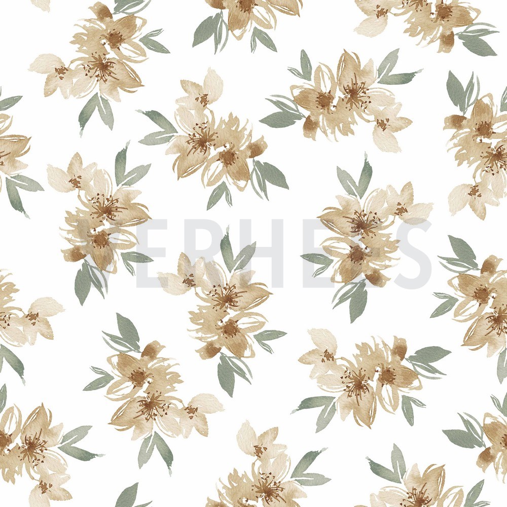 JERSEY DIGITAL FLOWERS AND LEAVES WHITE/GREEN